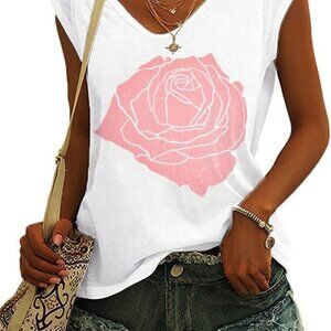 Womens Cap Sleeve Blouses Rose Graphic Tees T-Shirt Casual V Neck Tank Tops Loos